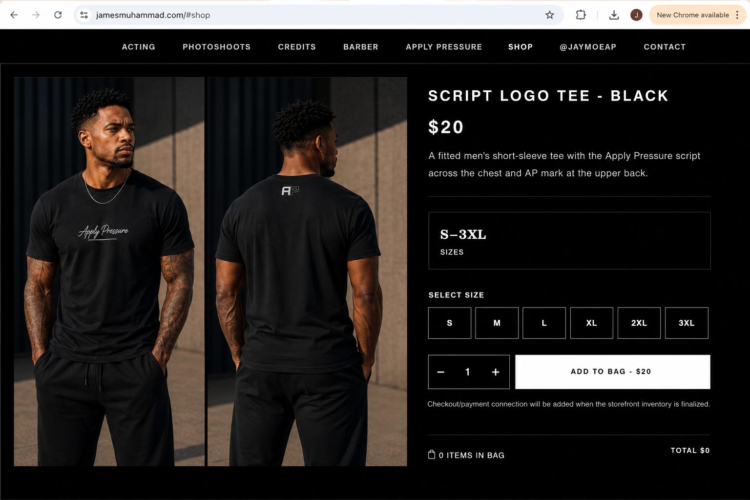 Front and back model views of the black Apply Pressure Script Logo Tee